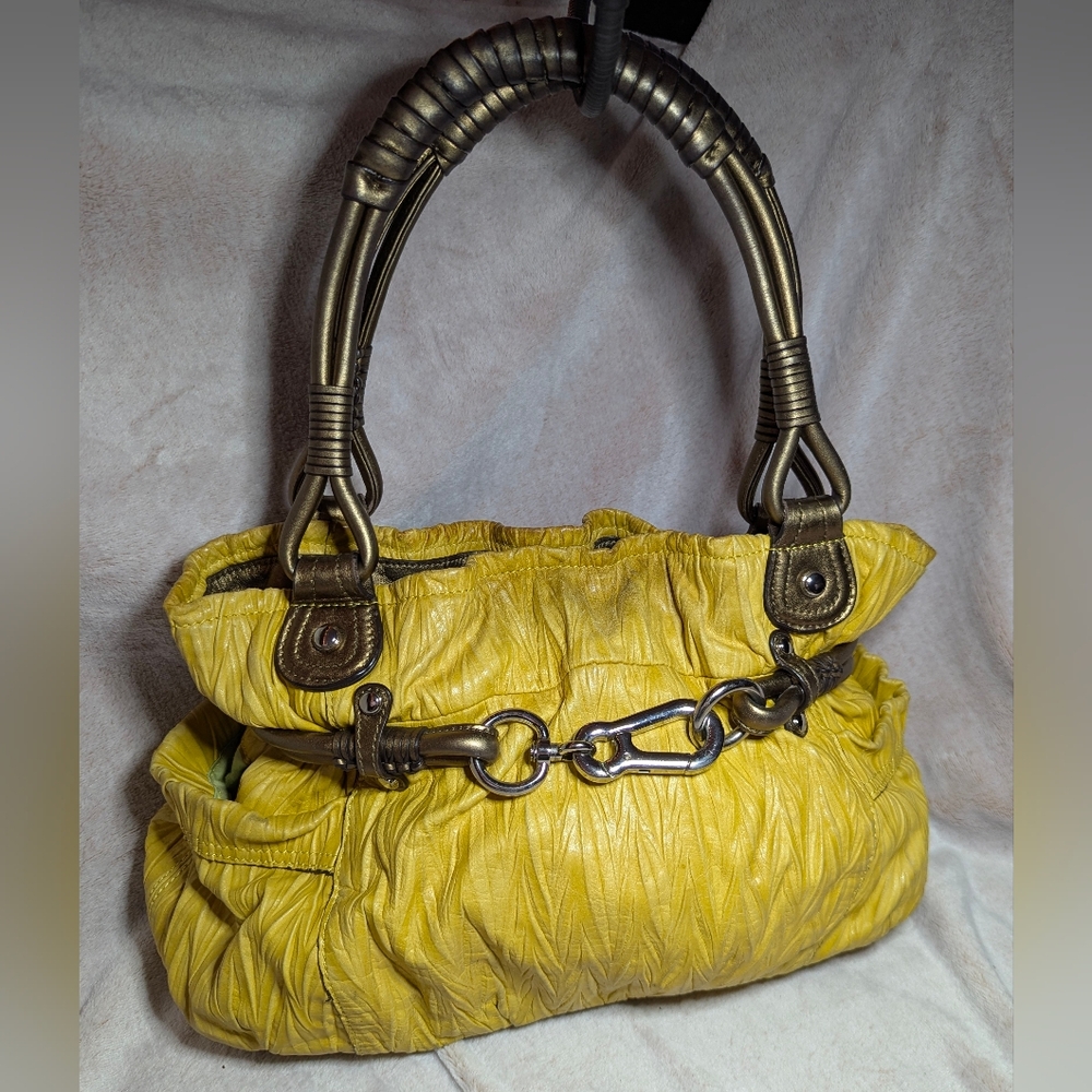B. Makowsky Signature Yellow Leather Handbag with Gold & Silver Accents